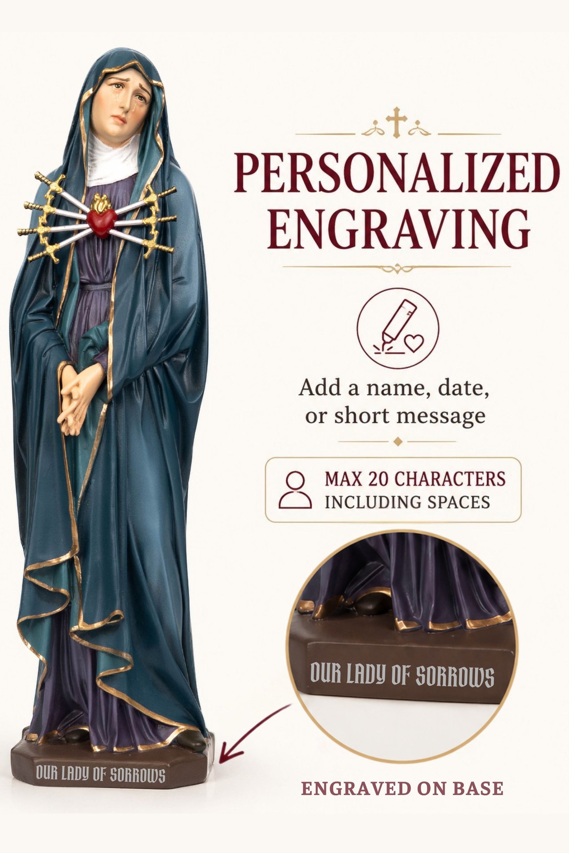 Personalized Engraving - Our Lady of Sorrows Statue – Blue Cloak, Virgin Mary Statue, Beautiful Catholic Decor, Catholic Gifts, Meaningful Gifts for Catholic Women