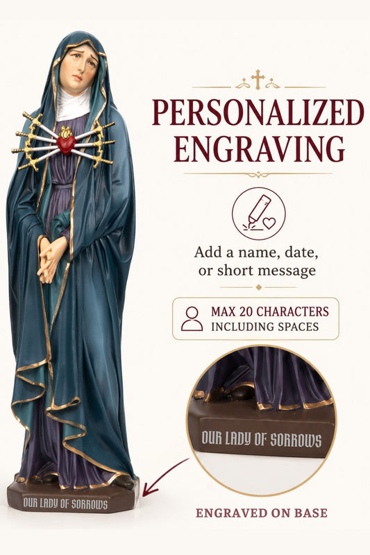 Personalized Engraving - Our Lady of Sorrows Statue – Blue Cloak, Virgin Mary Statue, Beautiful Catholic Decor, Catholic Gifts, Meaningful Gifts for Catholic Women