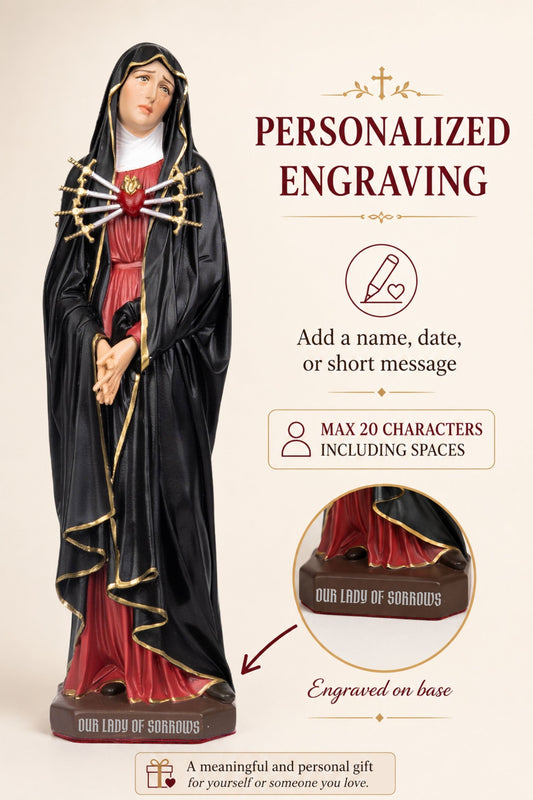 Personalized Engraving - Our Lady of Sorrows Statue – Black Cloak, Virgin Mary Statue, Beautiful Catholic Decor, Catholic Gifts, Meaningful Gifts for Catholic Women