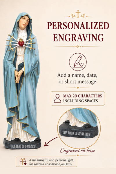 Personalized Engraving - Hand-Painted Our Lady of Sorrows Statue - Virgin Mary Statue, Beautiful Catholic Decor, Catholic Gifts, Gifts for Catholic Women.