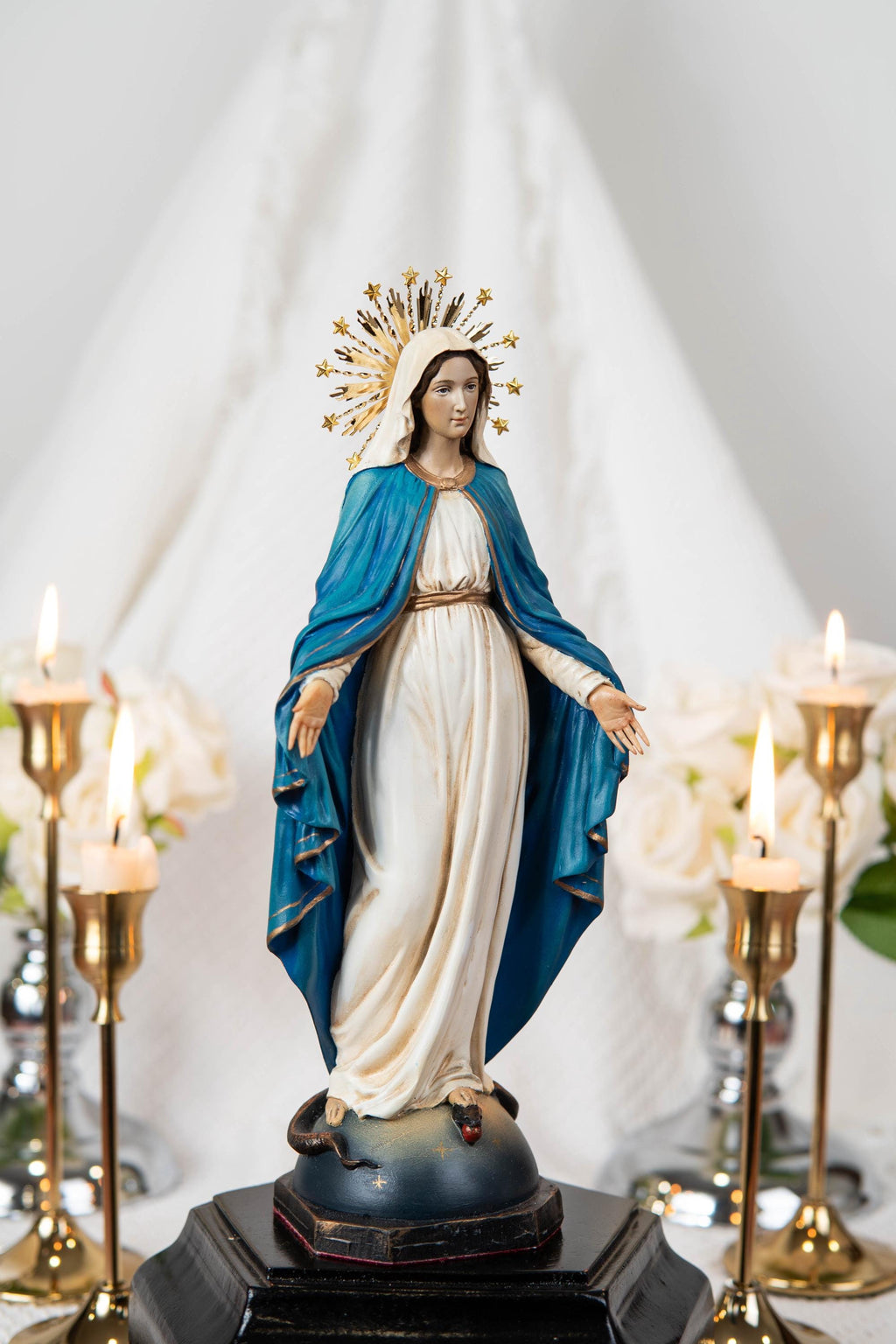 Our Lady of Grace Statue 9.8" and Halo - Virgen Maria, Virgin Mary Statue, Mother Mary, Mary Statue Catholic, Catholic Gifts for Women, Hand-Painted Our Lady of Grace & St Joseph Statues Set 9.8" - Virgin Mary Decor, Home Altar Prayer Corner, Catholic Gift,Catholic Home Decor