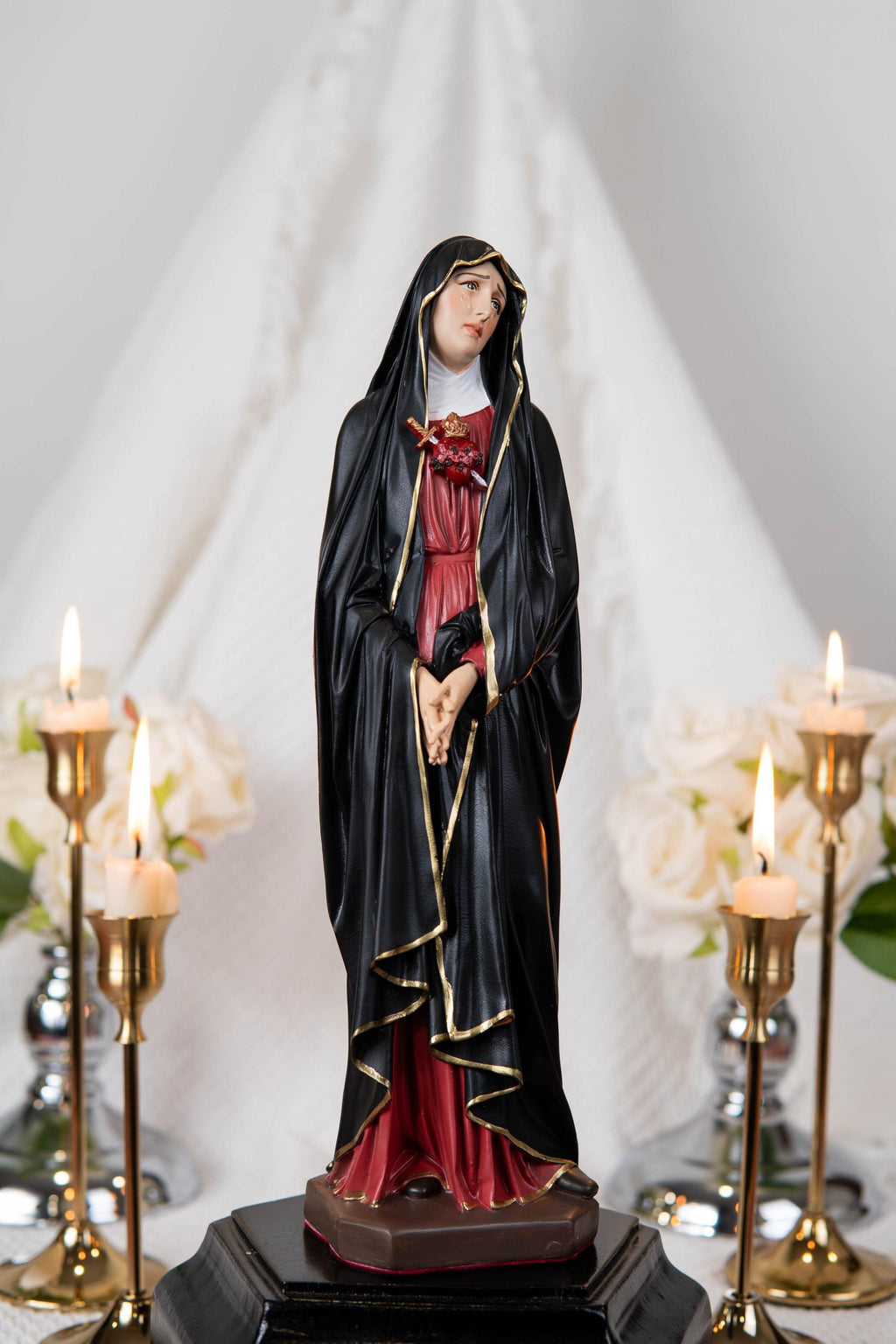 Our Lady of Sorrows Statue – Black cloak, Virgin Mary Statue, Beautiful Catholic Decor, Catholic Gifts, Meaningful Gifts for Catholic Women