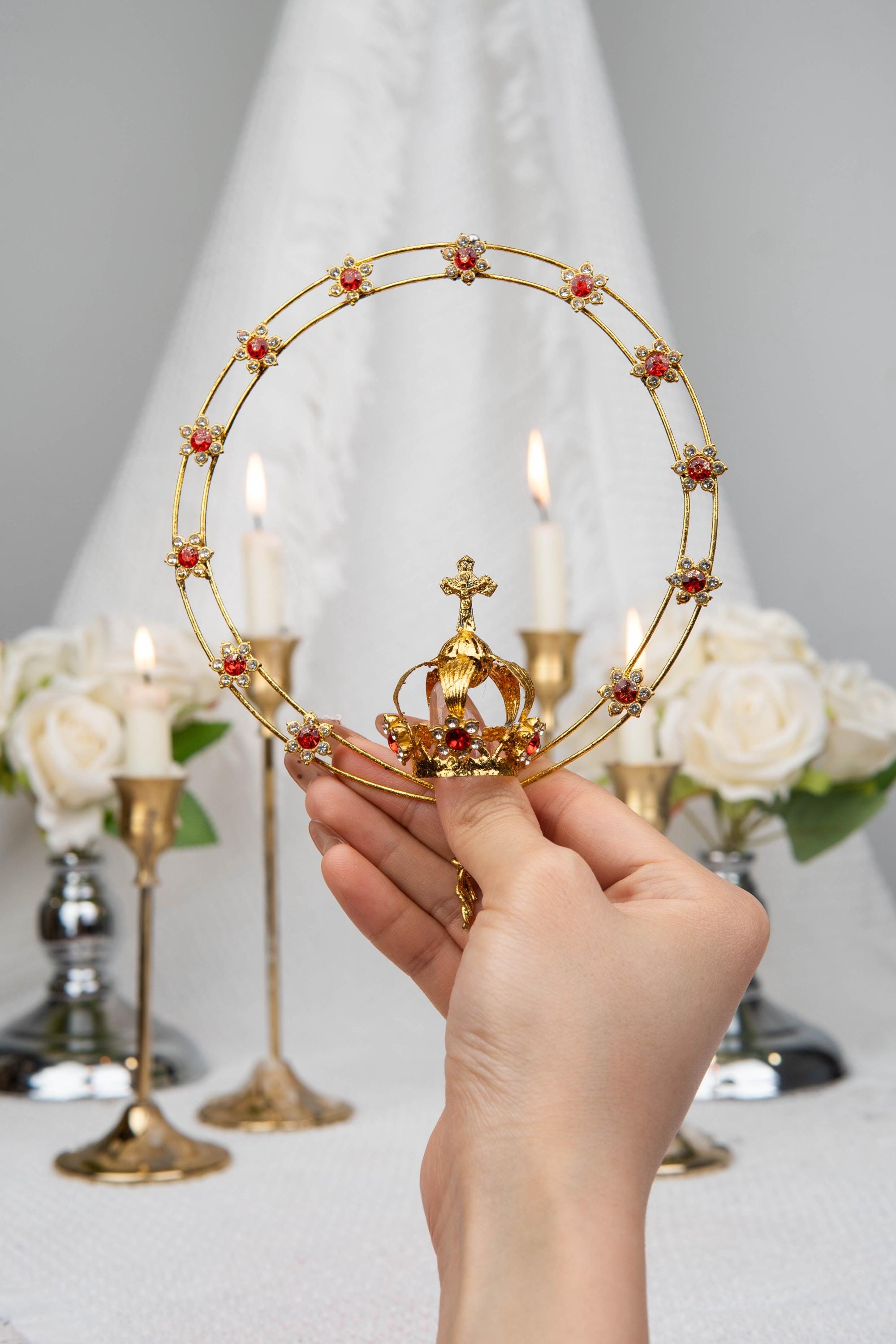 Virgin Mary Crown Halo 12 Stars, Rhinestone Catholic Statue Headpiece, Our Lady Coronation Crown, Fits 11-20 Inch Statue