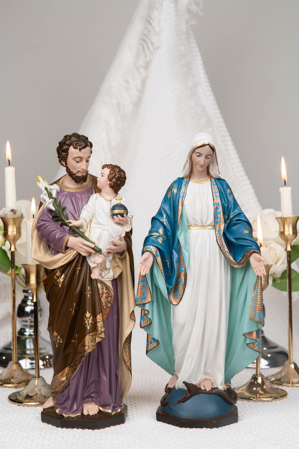 Catholic Home Altar Decor Set, Crucifix Cross Statue, Virgin Mary Our Lady of Grace, St. Joseph Figurine, Catholic Gift, Religious Statue