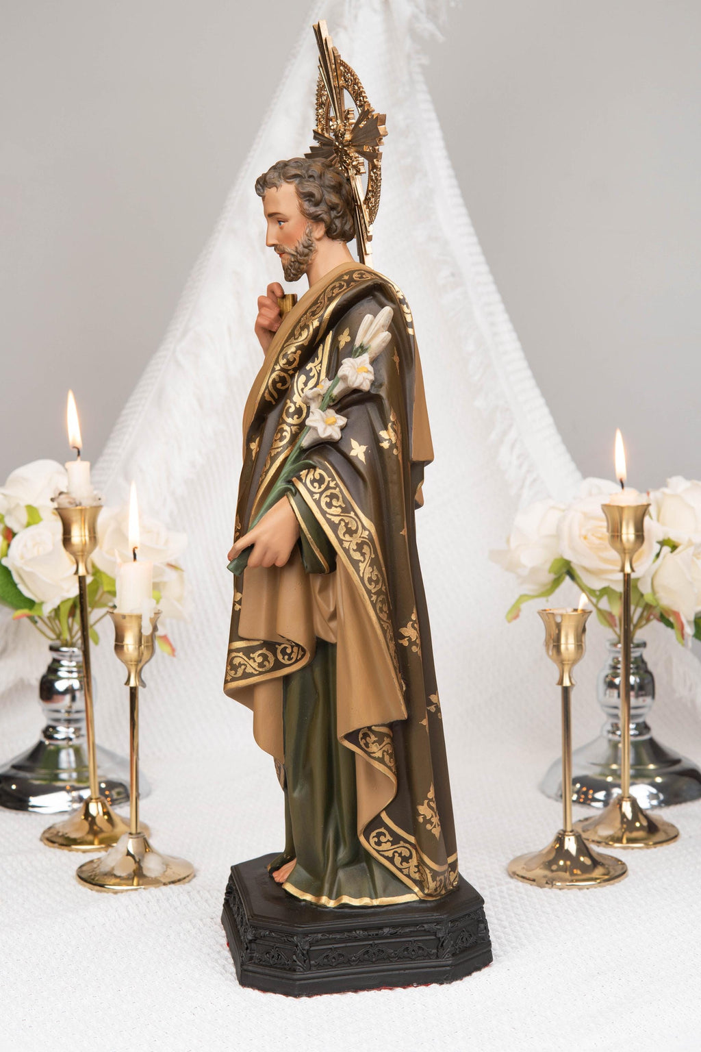 Saint Joseph Statue 15.7" with Lily, St Joseph Catholic Statue Decor, Prayer Corner Altar Decor, Catholic Home Decor Gift, Religious Gift