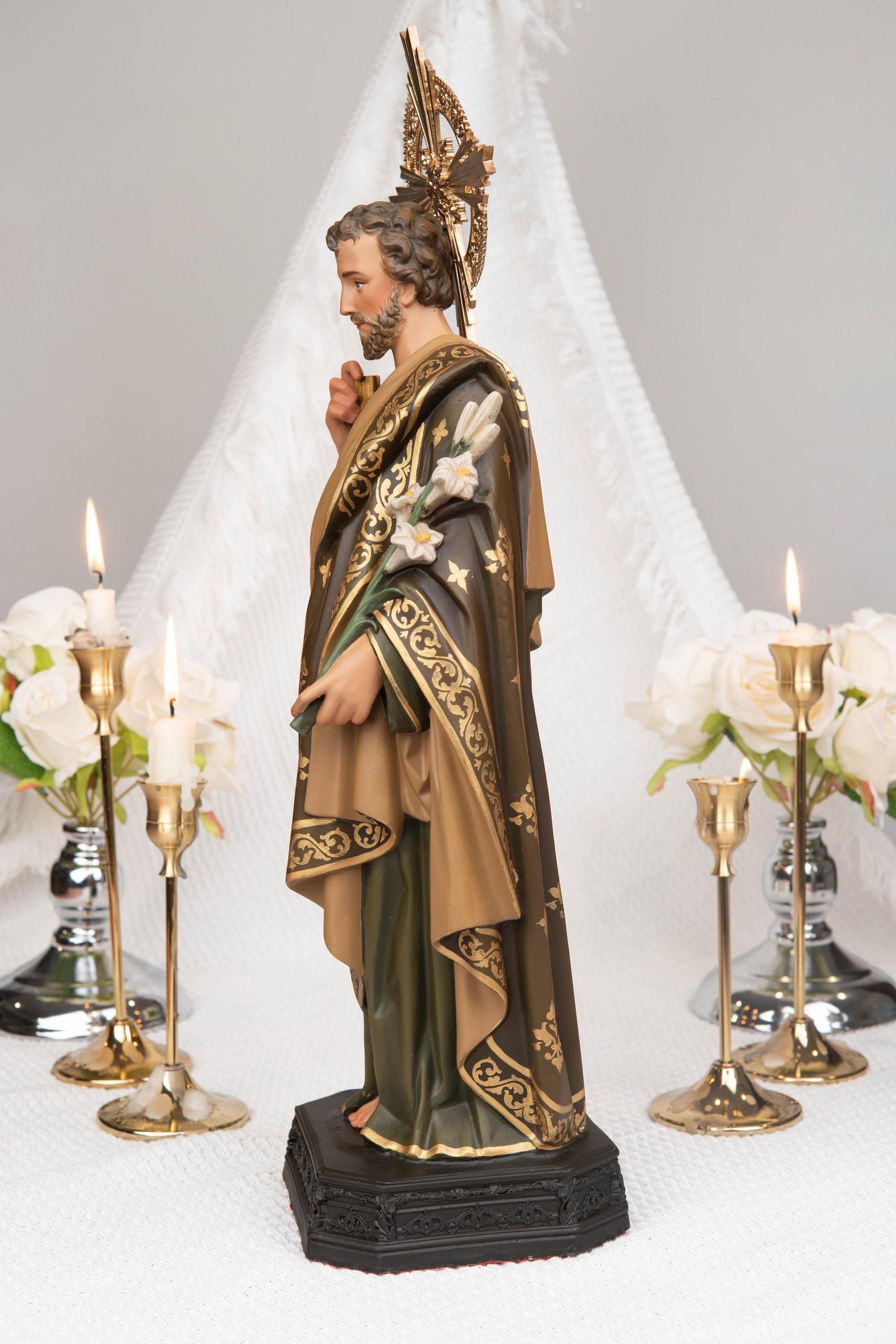 Saint Joseph Statue 15.7" with Lily, St Joseph Catholic Statue Decor, Prayer Corner Altar Decor, Catholic Home Decor Gift, Religious Gift
