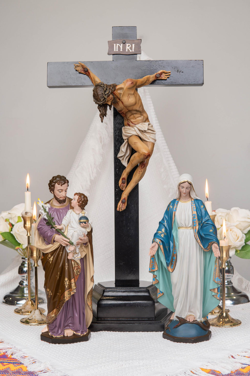 Catholic Home Altar Decor Set, Crucifix Cross Statue, Virgin Mary Our Lady of Grace, St. Joseph Figurine, Catholic Gift, Religious Statue