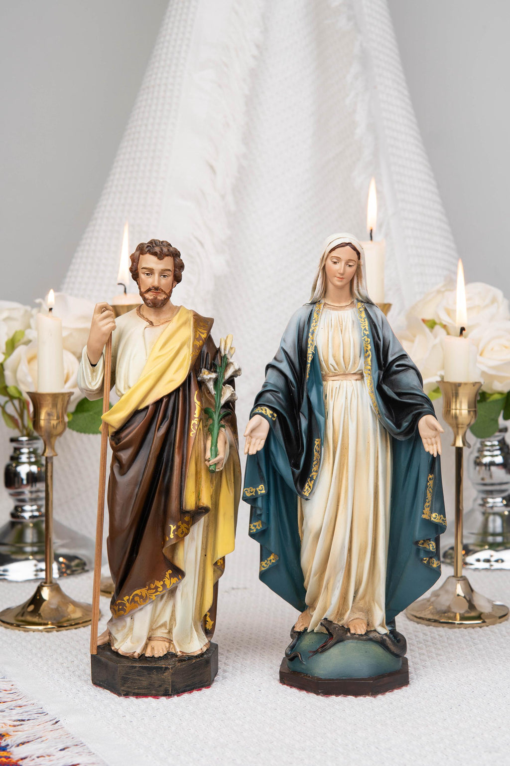 Our Lady of Grace & Saint Joseph Statue Set 9.8", Catholic Home Decor, Prayer Corner Altar Decor, Religious Gift, Hand-Painted Statue
