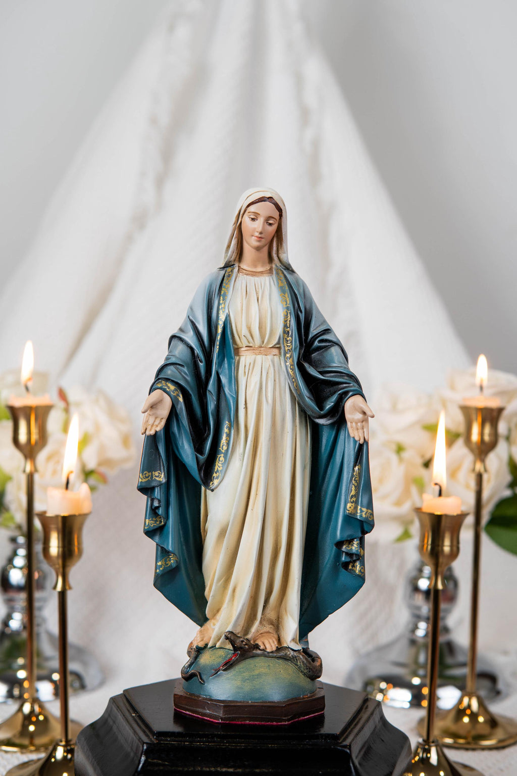 Our Lady of Grace & Saint Joseph Statue Set 9.8", Catholic Home Decor, Prayer Corner Altar Decor, Religious Gift, Hand-Painted Statue