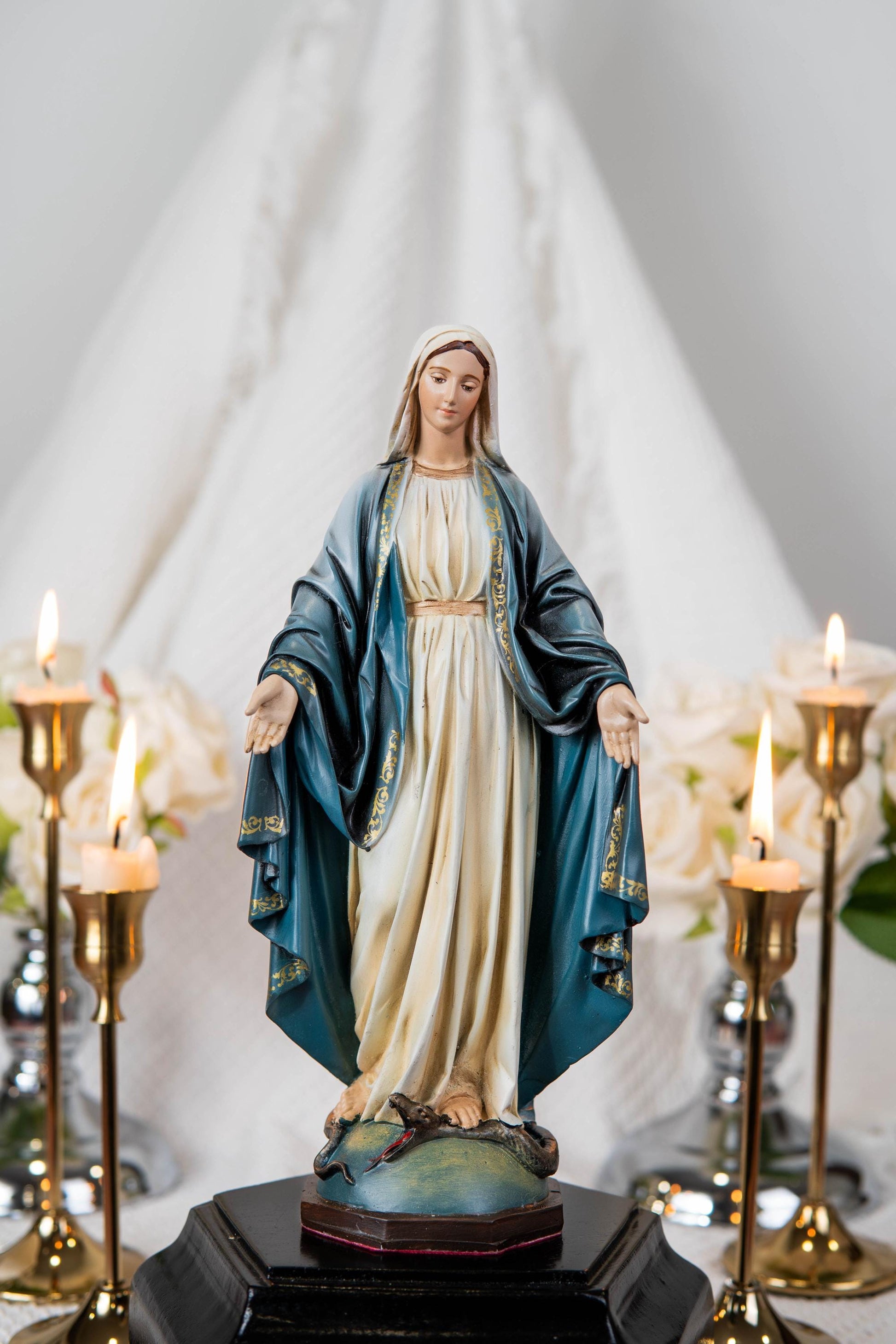 Our Lady of Grace & Saint Joseph Statue Set 9.8", Catholic Home Decor, Prayer Corner Altar Decor, Religious Gift, Hand-Painted Statue