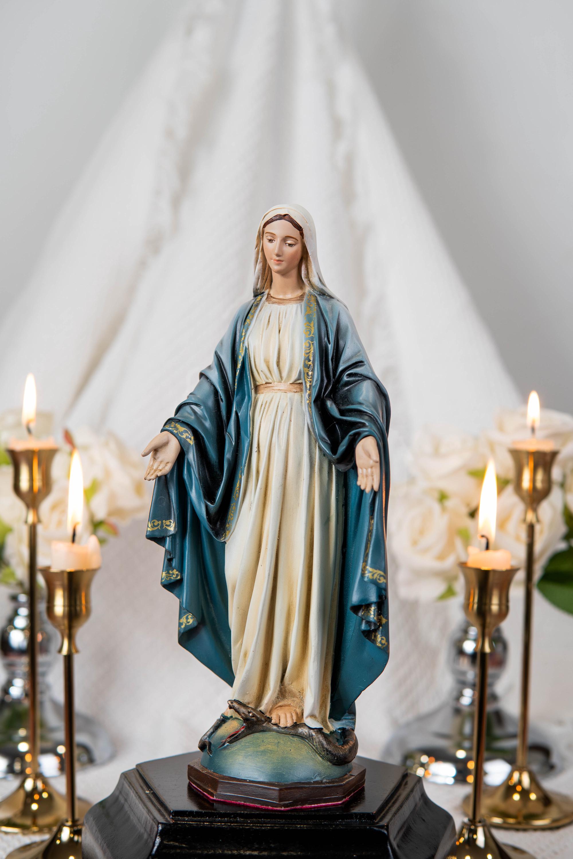 Our Lady of Grace & Saint Joseph Statue Set 9.8", Catholic Home Decor, Prayer Corner Altar Decor, Religious Gift, Hand-Painted Statue