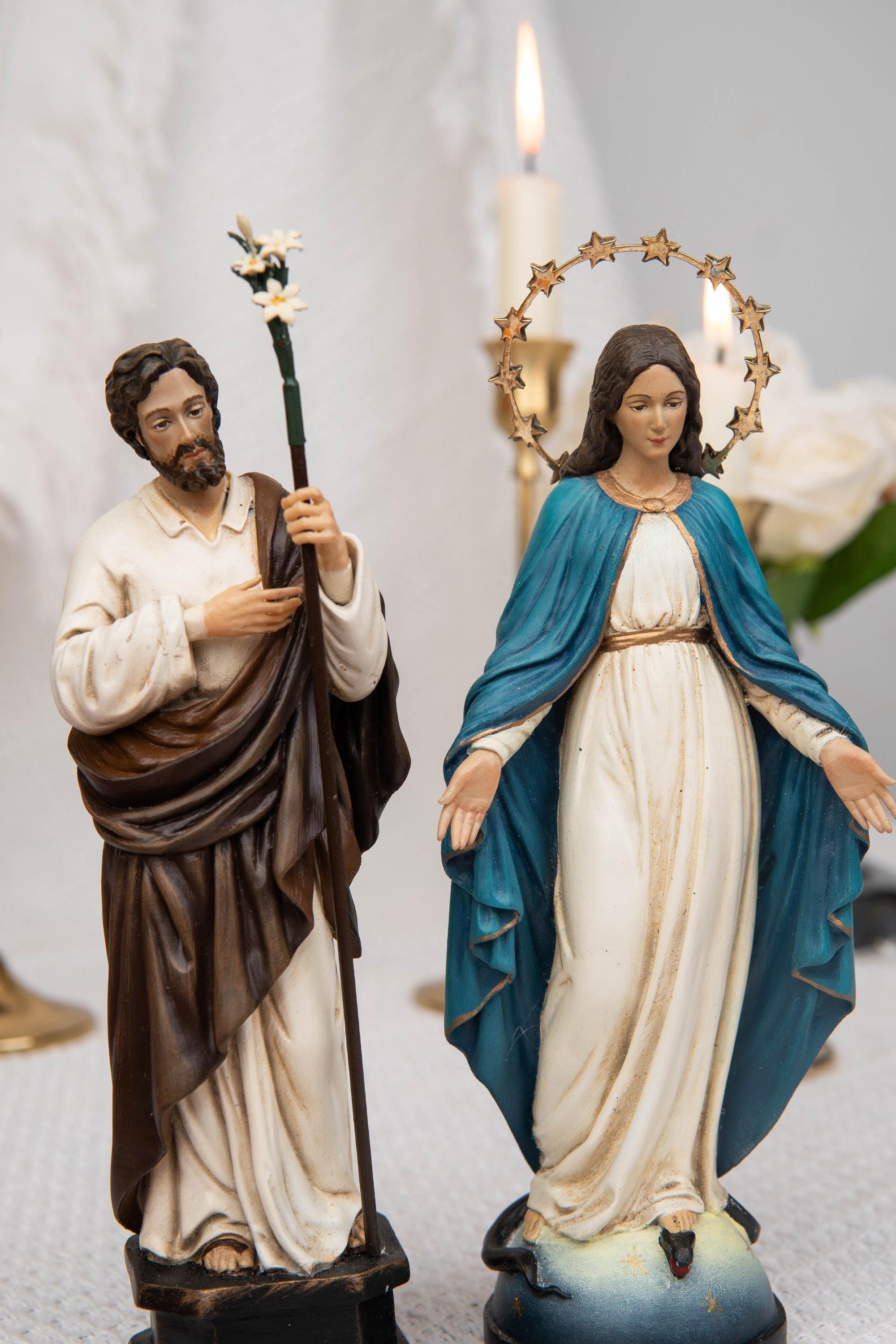 Catholic Gift Set for Couples -  Our Lady of Grace Virgin Mary & Saint Joseph Figurines, Altar Decor, Religious Decor, Home Altar Corner