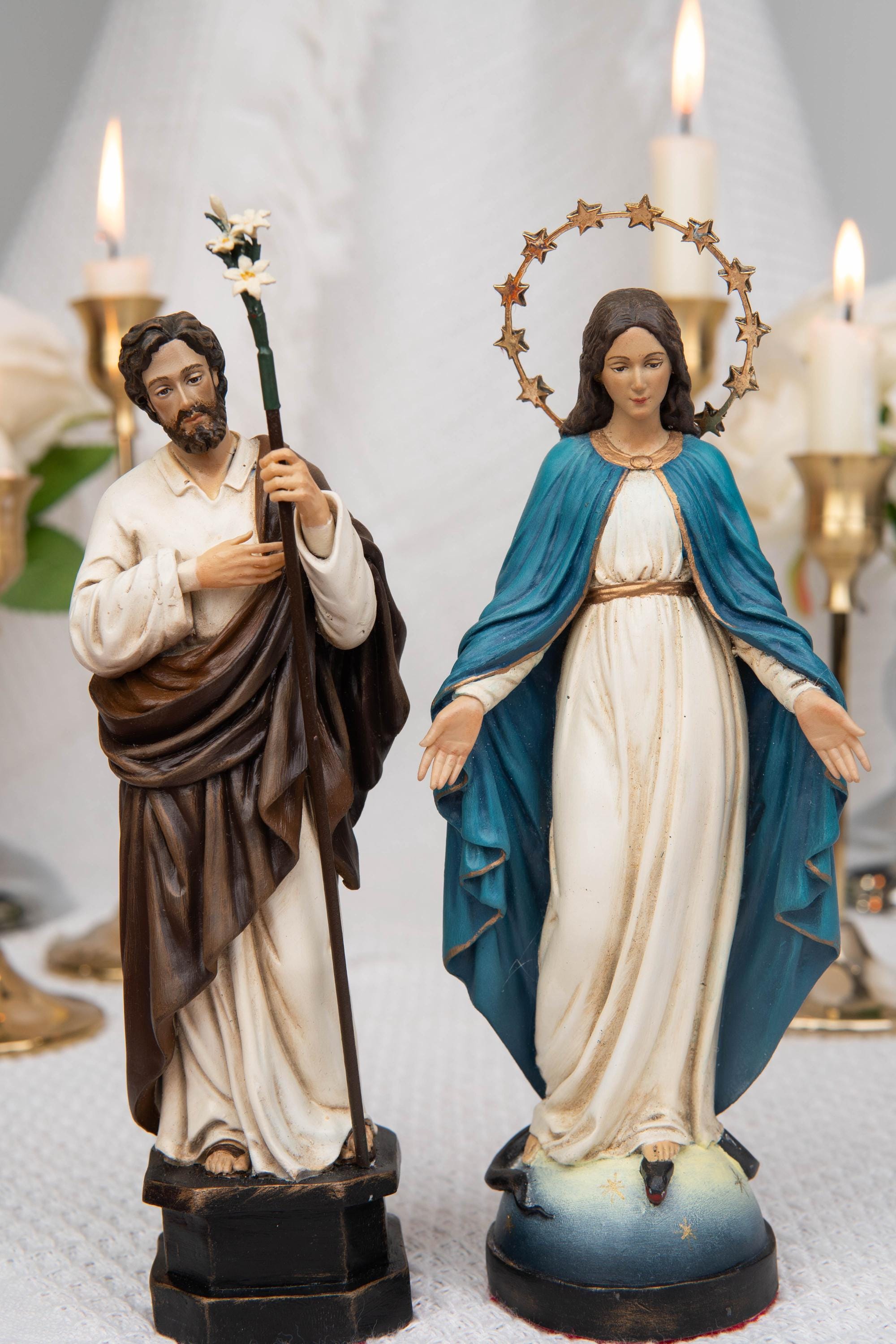 Catholic Gift Set for Couples -  Our Lady of Grace Virgin Mary & Saint Joseph Figurines, Altar Decor, Religious Decor, Home Altar Corner