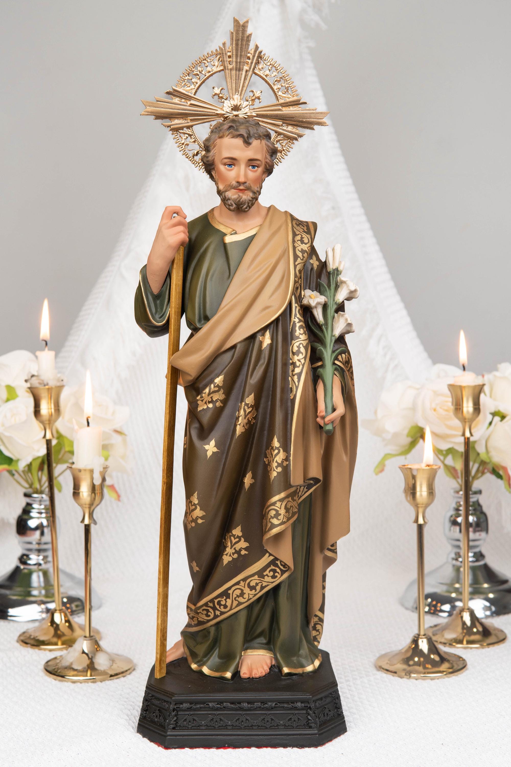 Catholic Home Altar Decor Set - INRI Crucifix Cross, Our Lady of Grace Statue, St Joseph Statue with Halo, Church Decor, Virgin Mary Statue