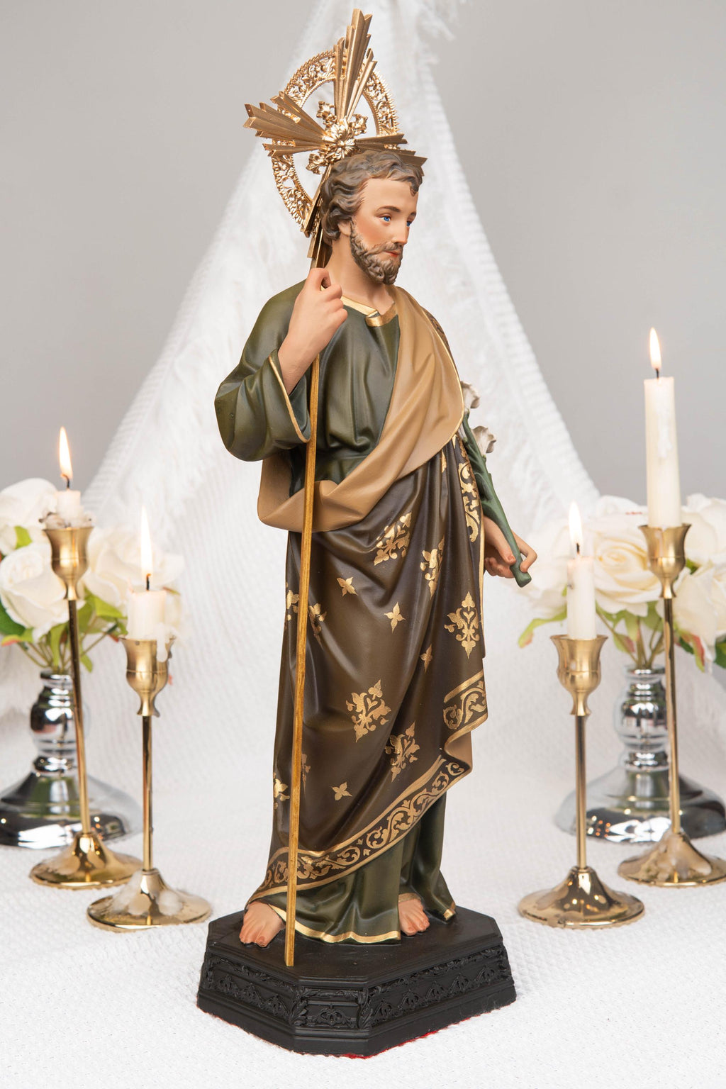Catholic Home Altar Decor Set - INRI Crucifix Cross, Our Lady of Grace Statue, St Joseph Statue with Halo, Church Decor, Virgin Mary Statue
