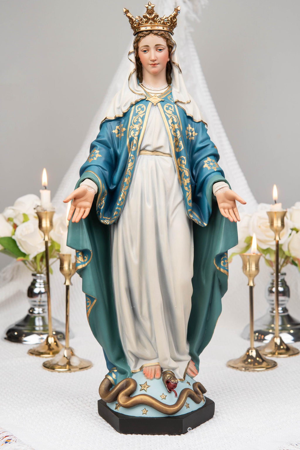 Catholic Home Altar Decor Set - INRI Crucifix Cross, Our Lady of Grace Statue, St Joseph Statue with Halo, Church Decor, Virgin Mary Statue