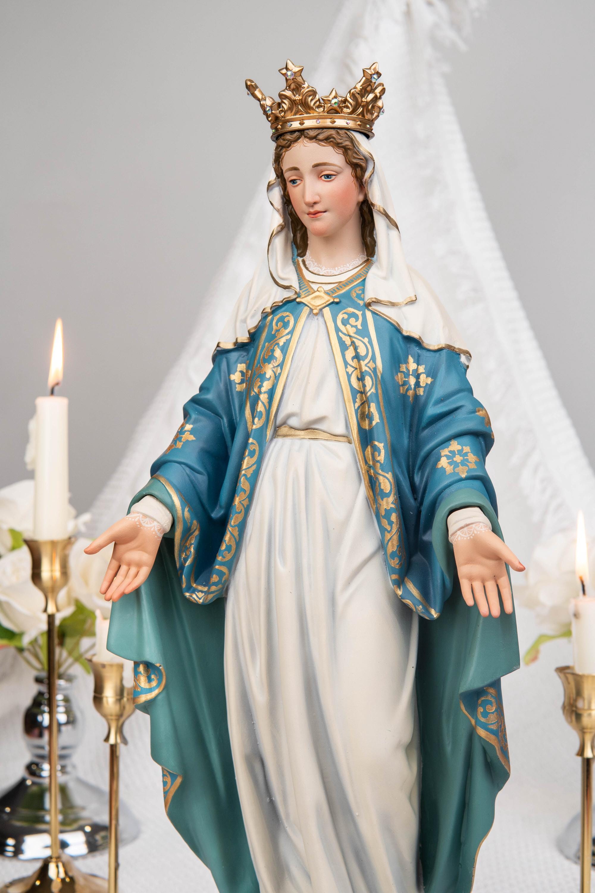 Catholic Home Altar Decor Set - INRI Crucifix Cross, Our Lady of Grace Statue, St Joseph Statue with Halo, Church Decor, Virgin Mary Statue