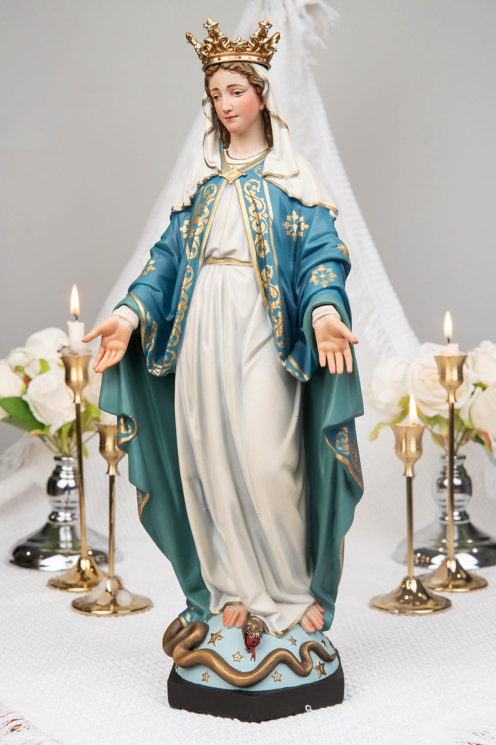 Catholic Home Altar Decor Set - INRI Crucifix Cross, Our Lady of Grace Statue, St Joseph Statue with Halo, Church Decor, Virgin Mary Statue