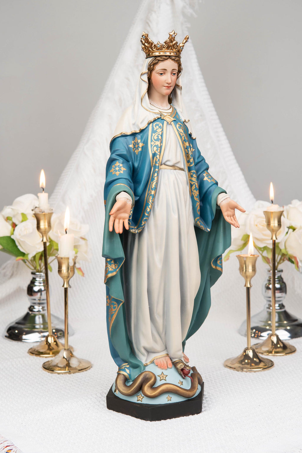 Our Lady of Grace and Saint Joseph Statue Set 15.7", Catholic Altar Decor, Crowned Religious Figurines, Catholic Gift, Virgin Mary Statue