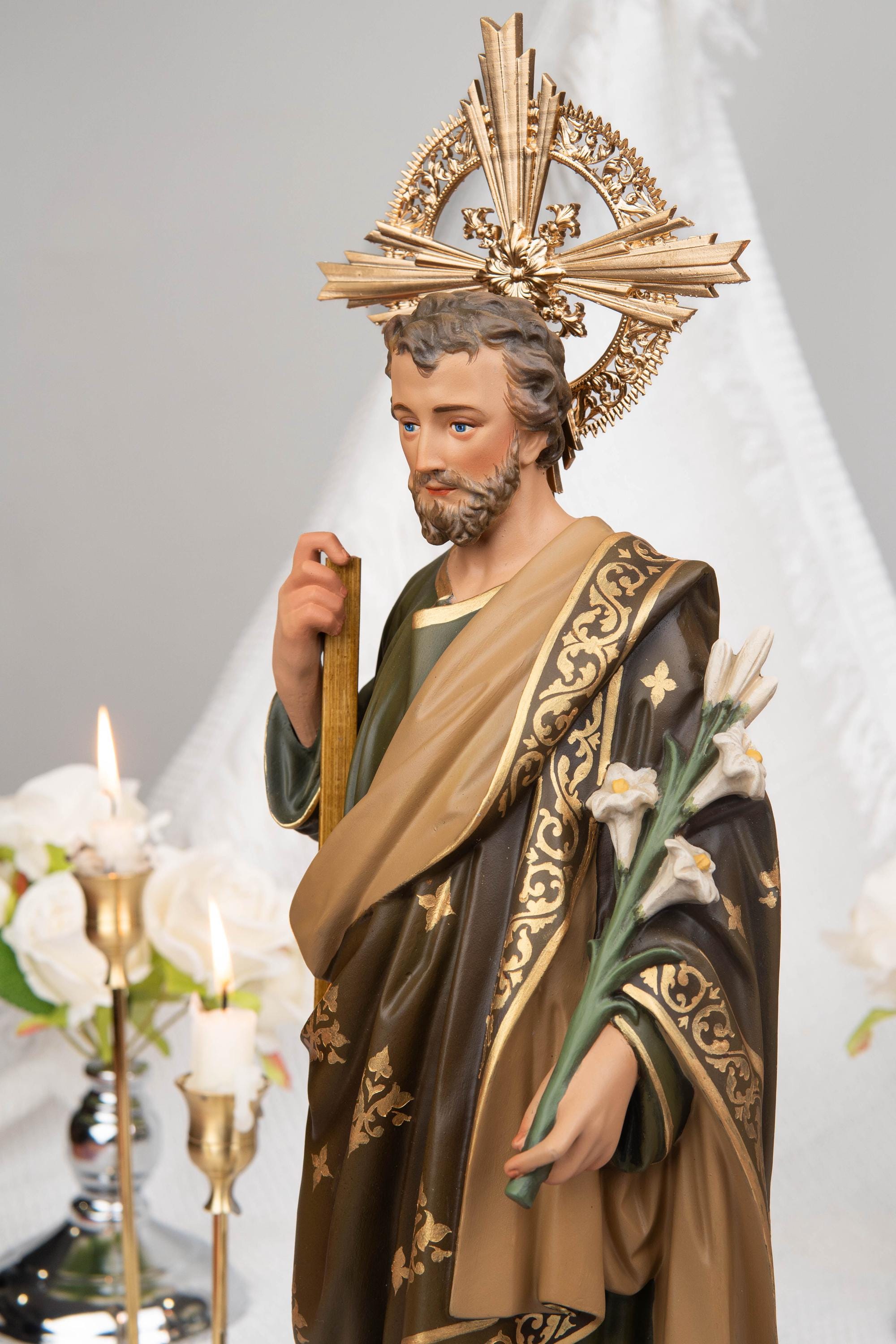 Our Lady of Grace and Saint Joseph Statue Set 15.7", Catholic Altar Decor, Crowned Religious Figurines, Catholic Gift, Virgin Mary Statue