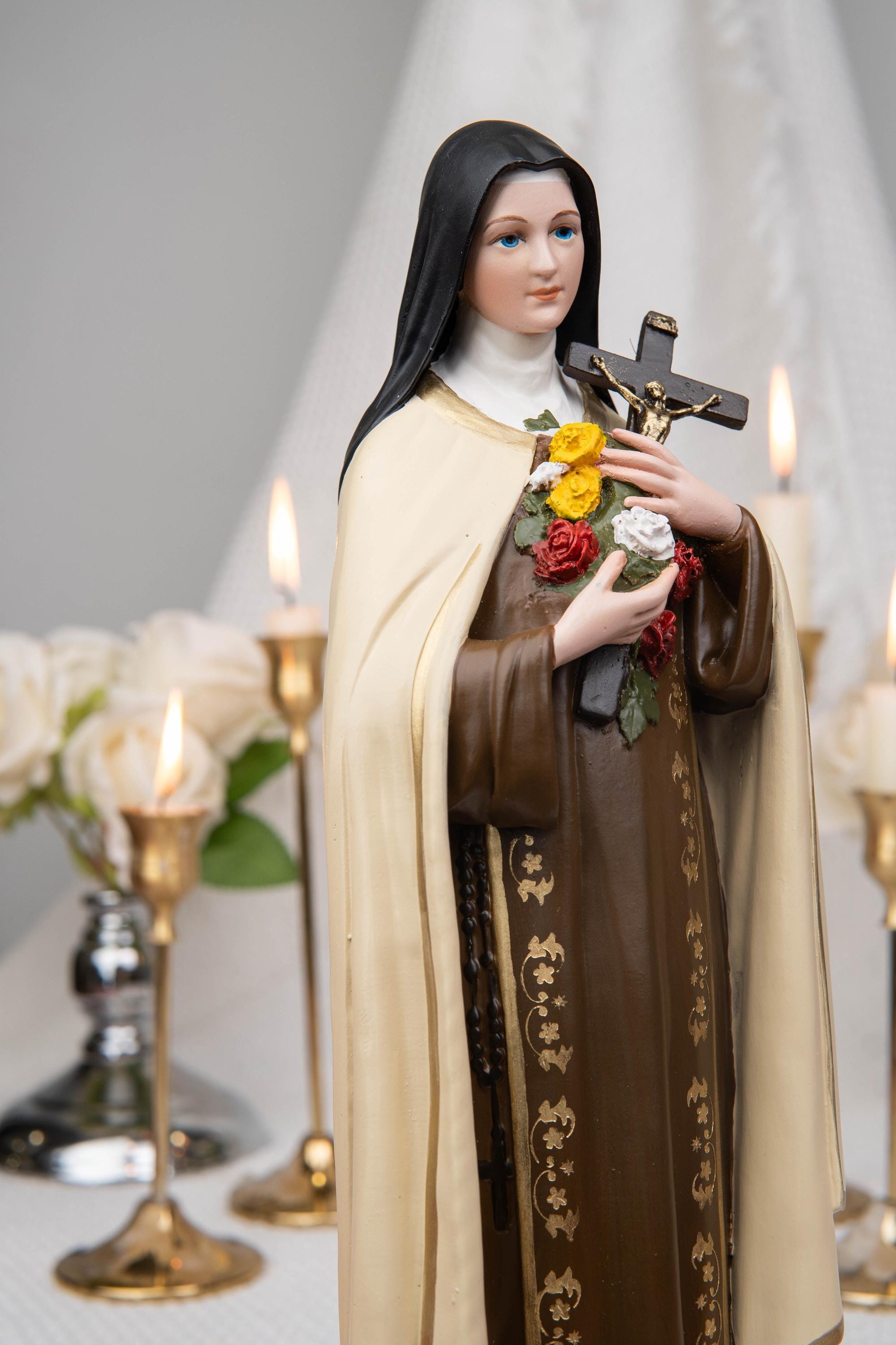 St. Therese of Lisieux Statue 11.8" – The Little Flower Catholic Saint Figurine, Carmelite Nun, Religious Home Decor, Catholic Gift