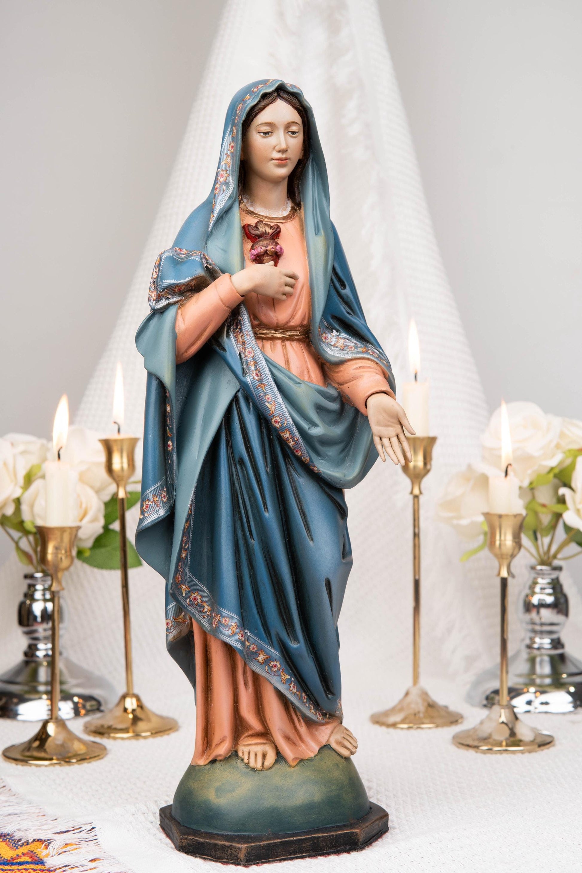 Hand-Painted Our Lady of the Immaculate Heart Statue 15.8"
