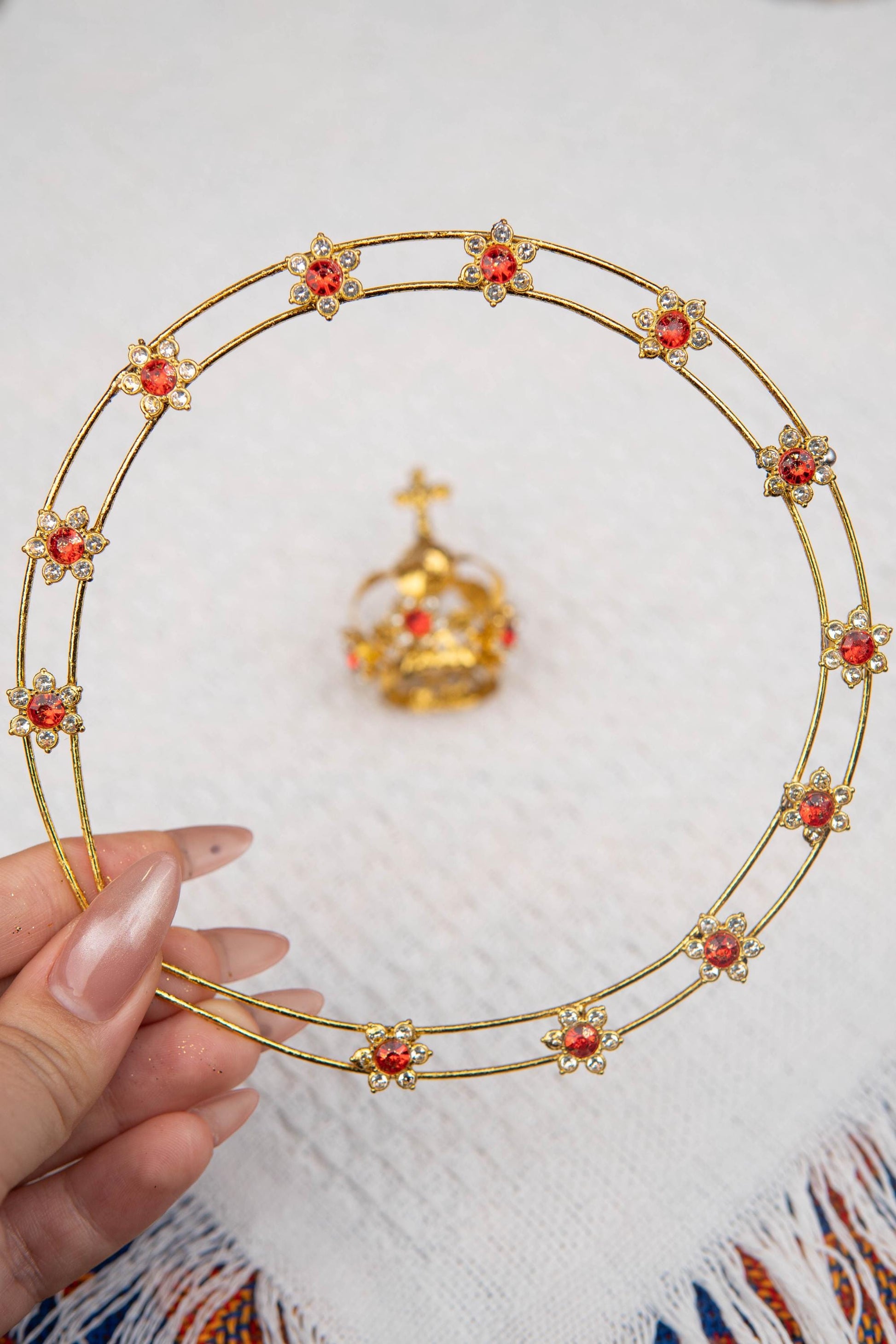 Virgin Mary Crown Halo, Floral Ruby Red Crystal Catholic Statue Headpiece, Our Lady Crown Replacement, Fits 11-20 Inch Statue
