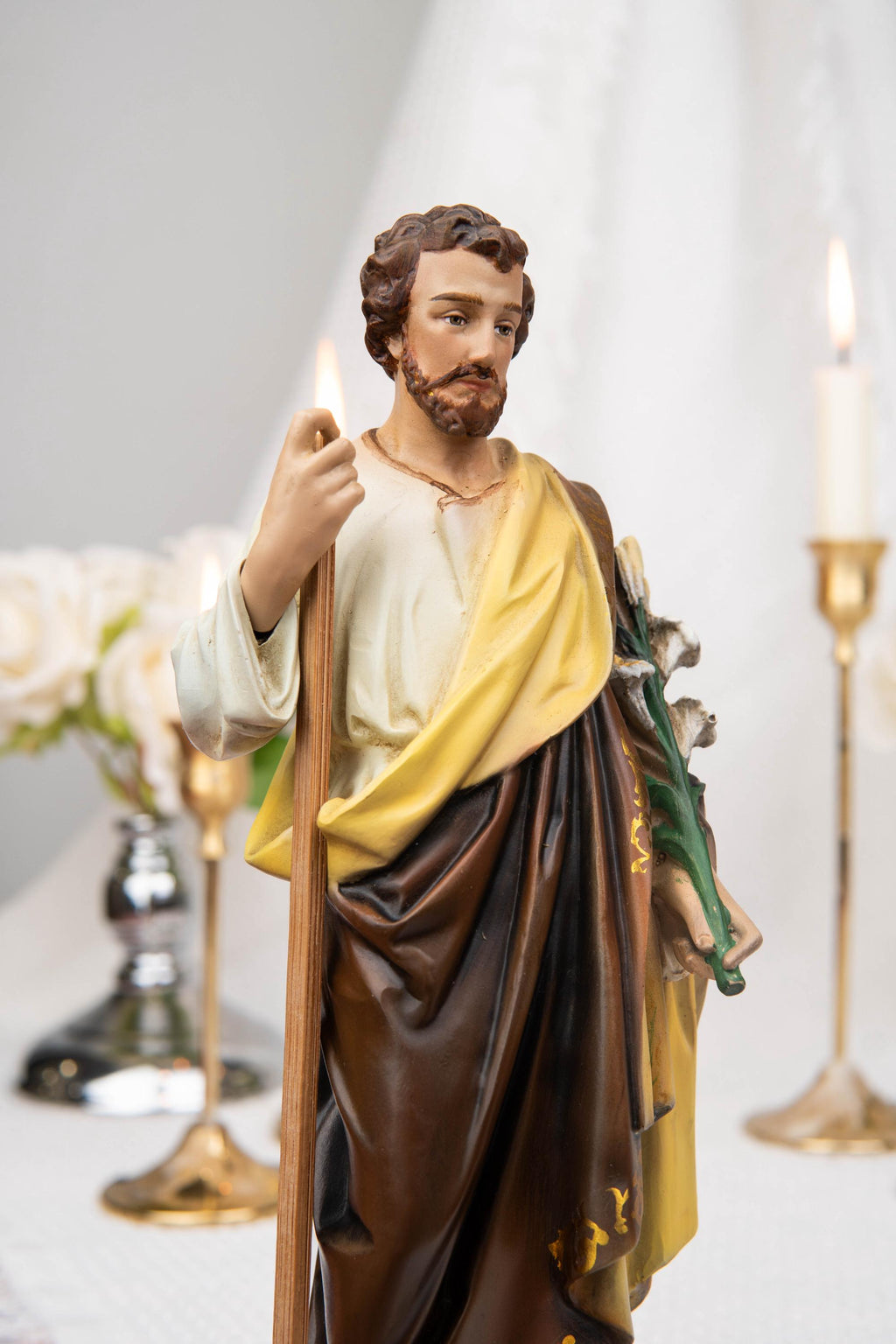 Saint Joseph Statue with Lily & Staff 9.8", Catholic Statue, Catholic Home Decor, Altar Decor, Religious Gift, Religious Figurines