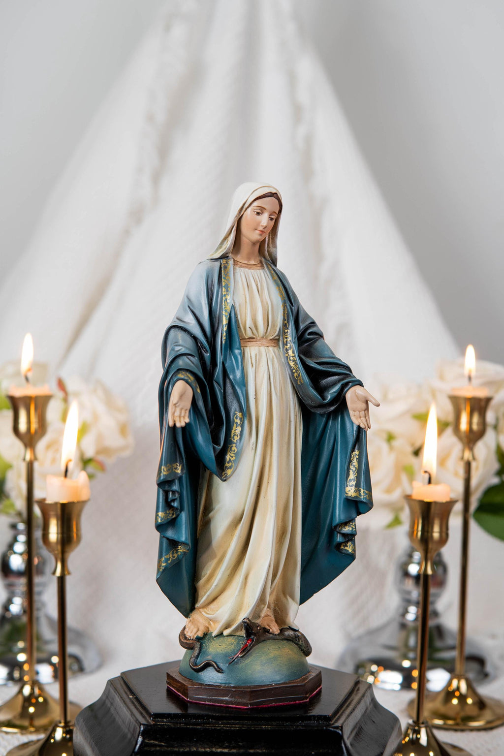 Our Lady of Grace & Saint Joseph Statue Set 9.8", Catholic Home Decor, Prayer Corner Altar Decor, Religious Gift, Hand-Painted Statue