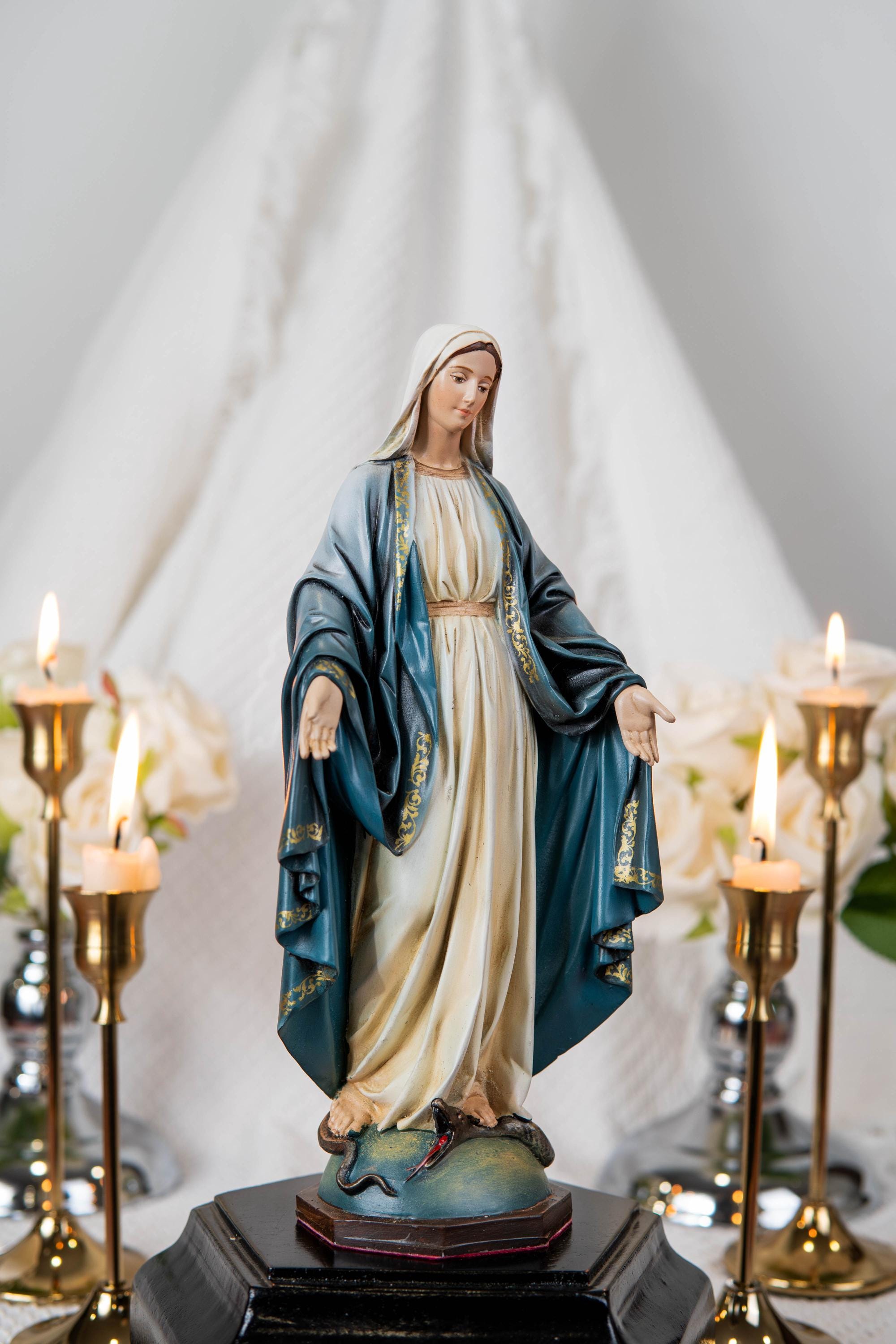 Our Lady of Grace & Saint Joseph Statue Set 9.8", Catholic Home Decor, Prayer Corner Altar Decor, Religious Gift, Hand-Painted Statue