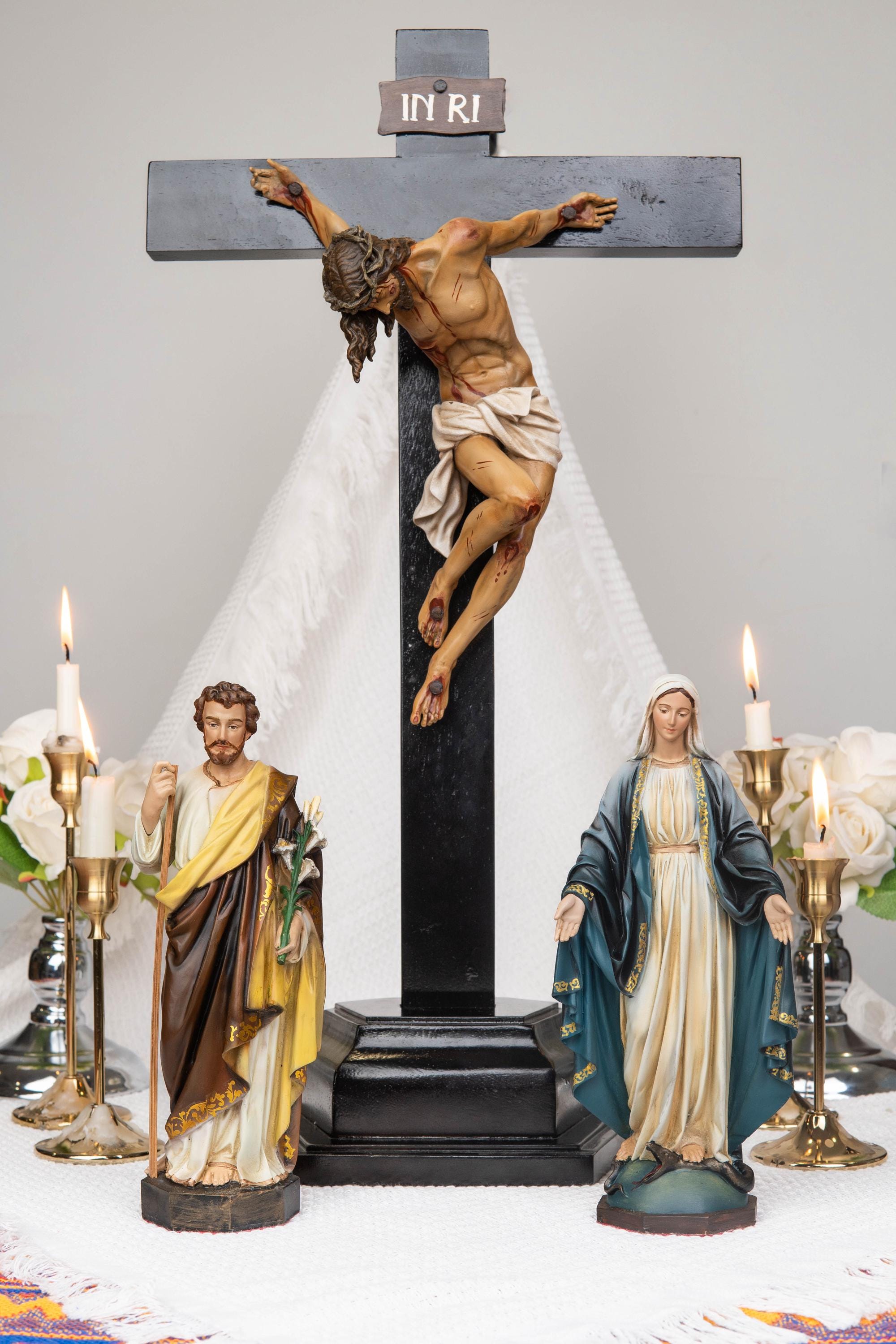 Catholic Altar Set, INRI Crucifix Cross, Our Lady of Grace Virgin Mary, Saint Joseph Statue, Religious Home Decor, Catholic Gift for Women