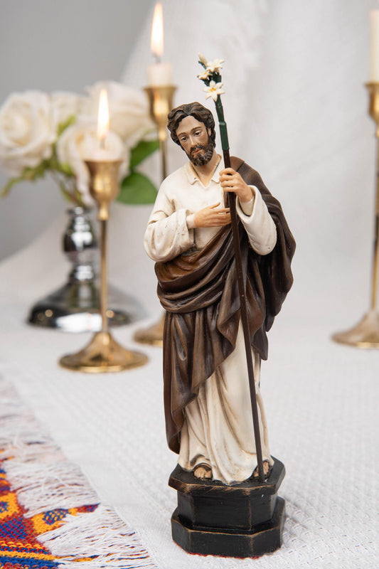 Saint Joseph Statue 7.1" - St Joseph with Lily Staff, Catholic Home Decor, Prayer Corner Altar Decor, Religious Gift, Catholic Gift