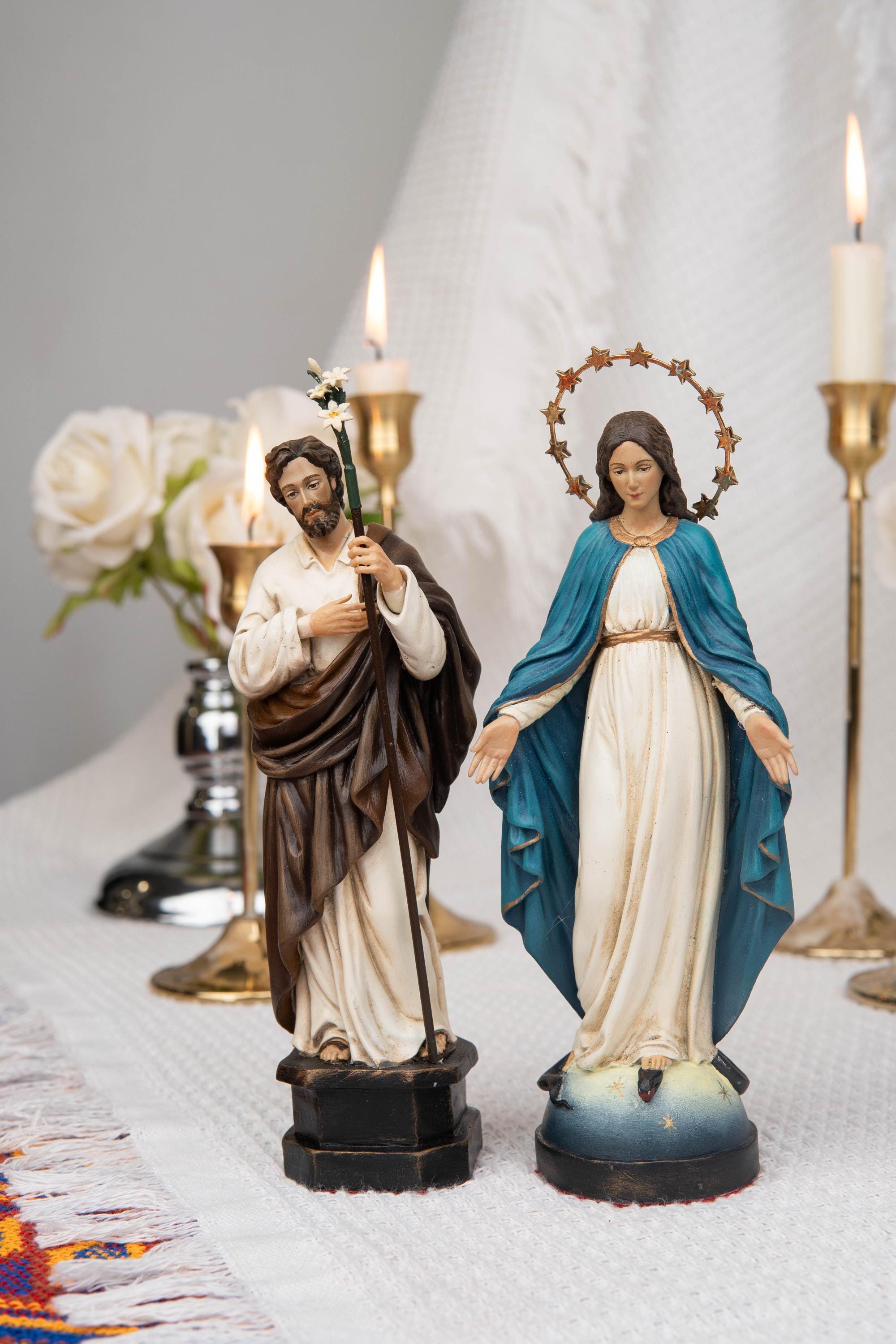 Catholic Gift Set for Couples -  Our Lady of Grace Virgin Mary & Saint Joseph Figurines, Altar Decor, Religious Decor, Home Altar Corner