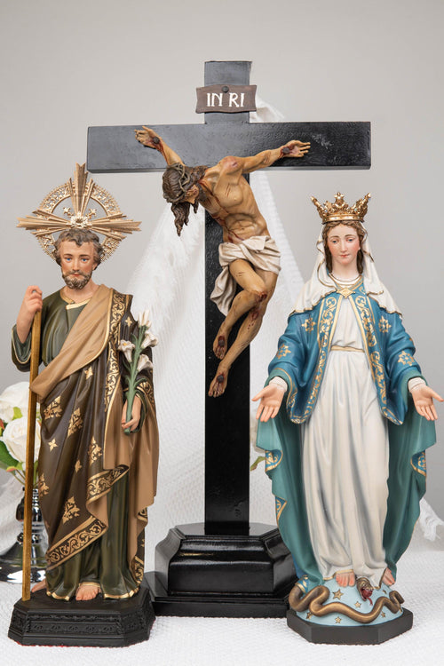 Catholic Home Altar Decor Set - INRI Crucifix Cross, Our Lady of Grace Statue, St Joseph Statue with Halo, Church Decor, Virgin Mary Statue
