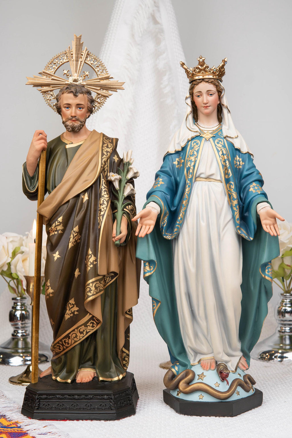 Our Lady of Grace and Saint Joseph Statue Set 15.7", Catholic Altar Decor, Crowned Religious Figurines, Catholic Gift, Virgin Mary Statue