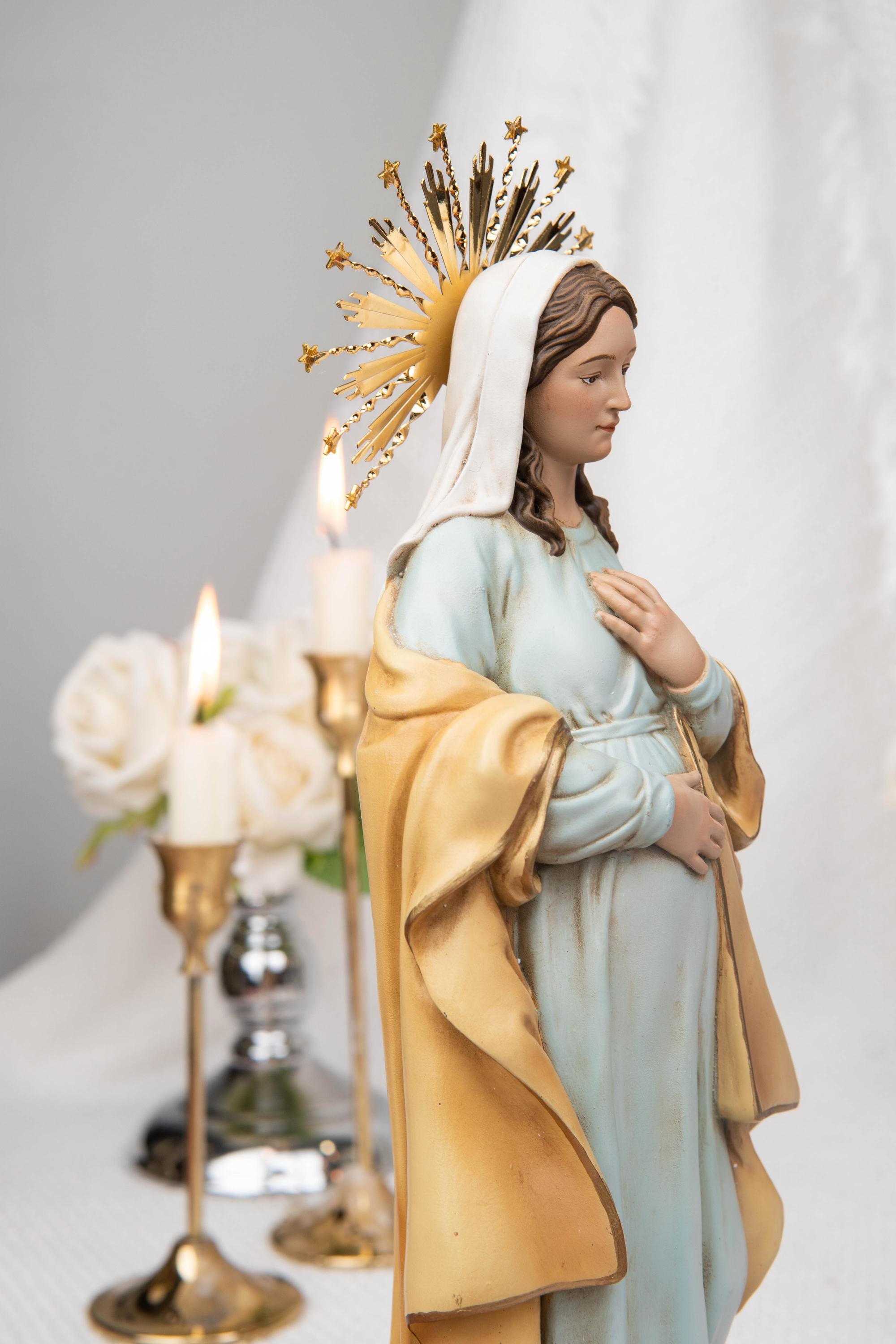 Hand-Painted Our Lady of Hope Statue 11.8", Pregnant Virgin Mary Figurine, Catholic Gift for Women, Advent Prayer Corner Decor