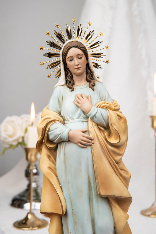 Hand-Painted Our Lady of Hope Statue 11.8", Pregnant Virgin Mary Figurine, Catholic Gift for Women, Advent Prayer Corner Decor