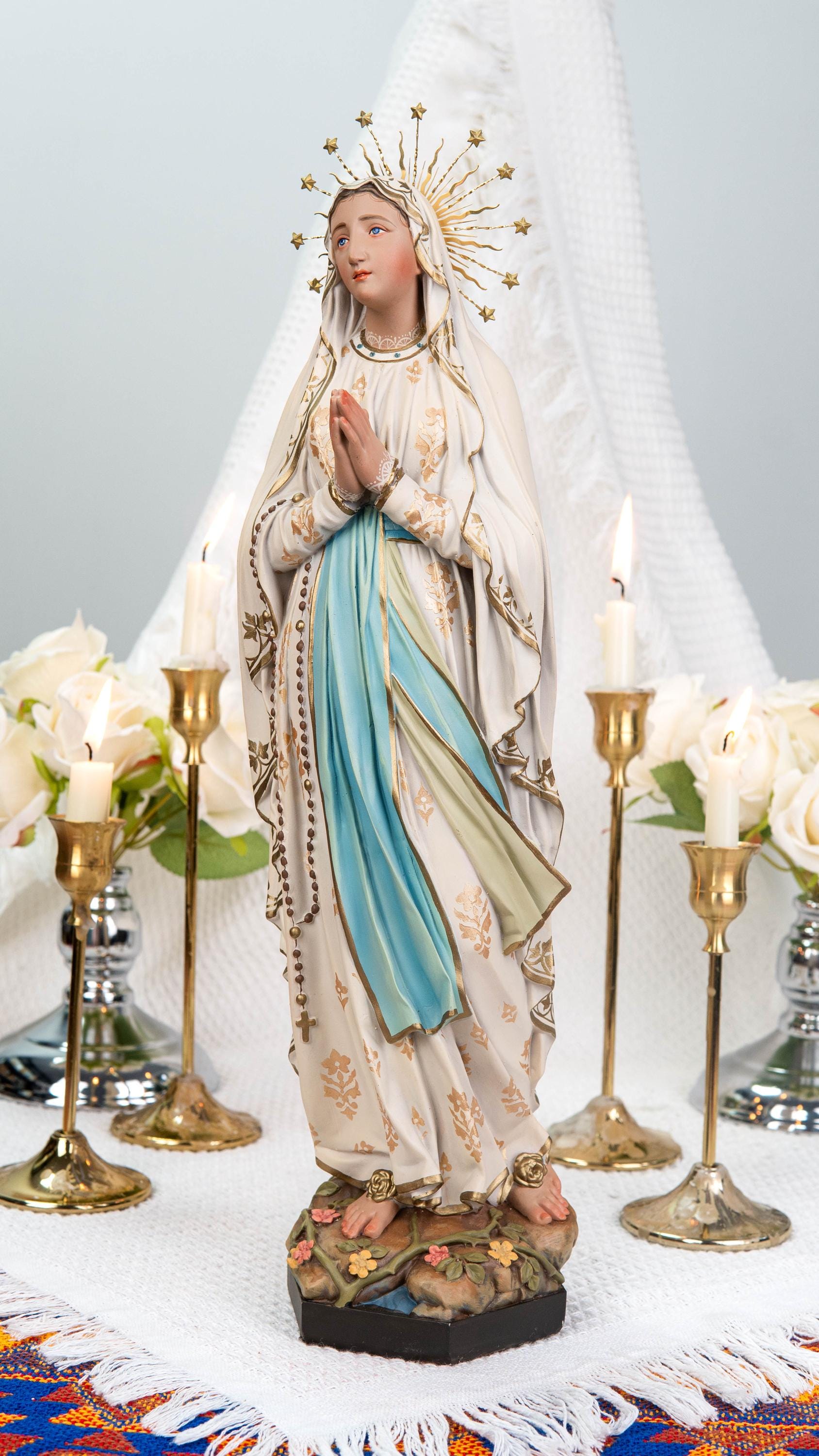 Our Lady of Lourdes Statue 15.8" - Virgin Mary Statue with Rosary, Catholic Home Decor, Marian Gift, Religious Gift for Women, Mary Statue