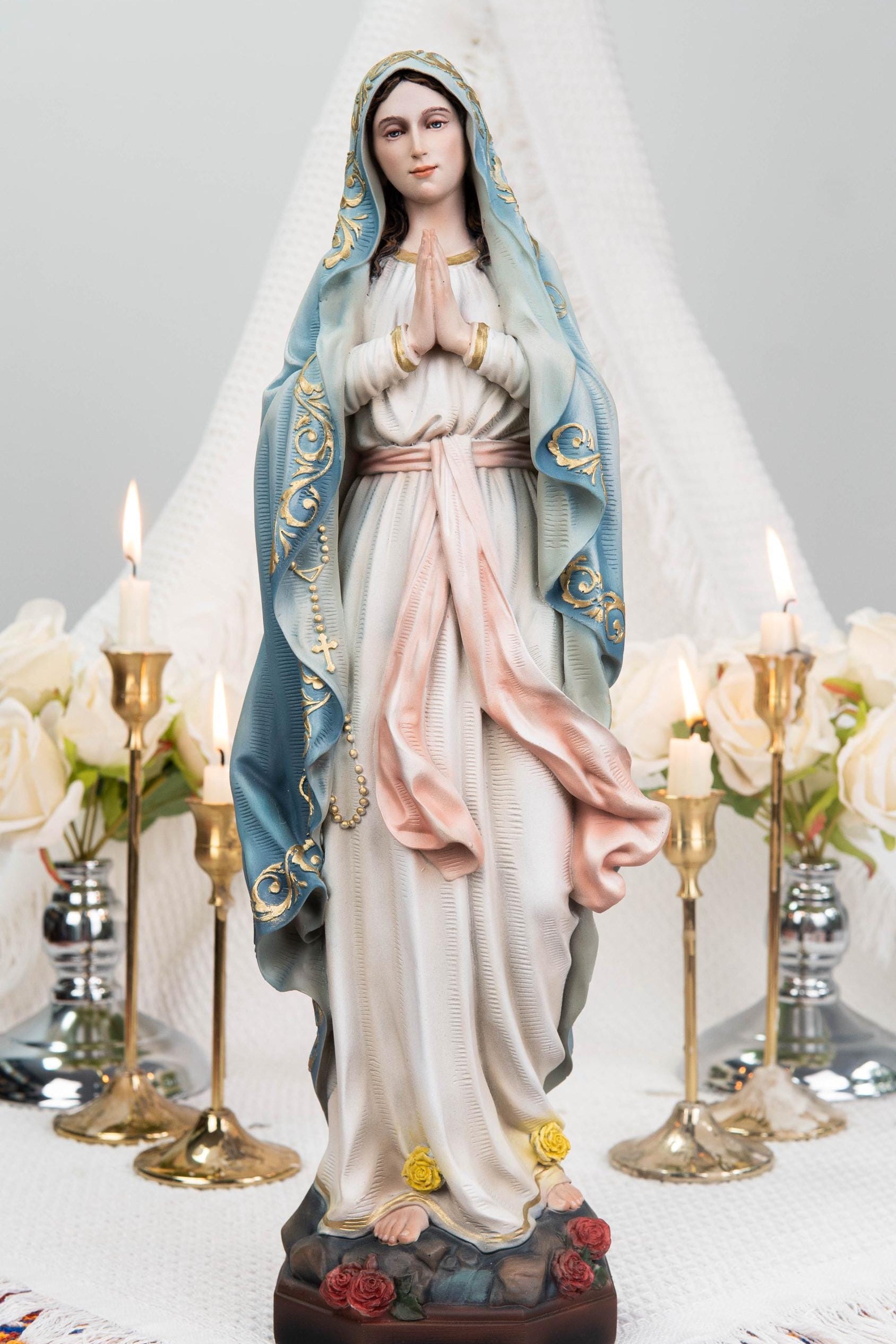 Hand-Painted Our Lady of Lourdes Statue 15.8" –Virgin Mary Prayer Figurine, Catholic Gifts, Blessed Mother Statue, Catholic Home Altar Decor