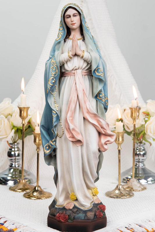 Hand-Painted Our Lady of Lourdes Statue 15.8" –Virgin Mary Prayer Figurine, Catholic Gifts, Blessed Mother Statue, Catholic Home Altar Decor