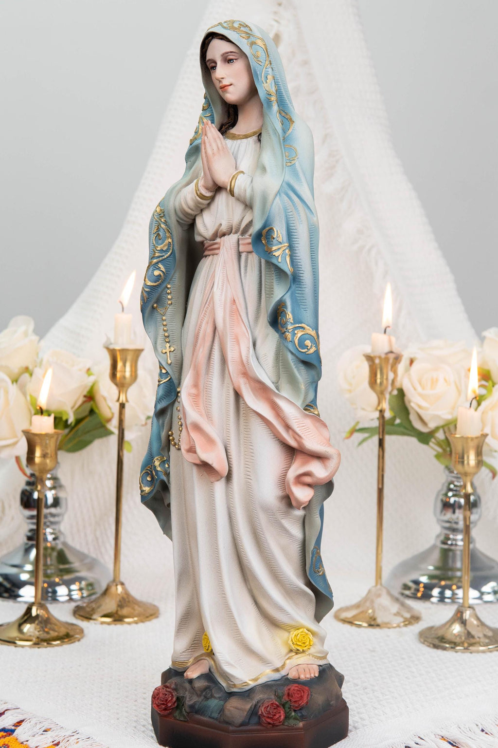 Hand-Painted Our Lady of Lourdes Statue 15.8" –Virgin Mary Prayer Figurine, Catholic Gifts, Blessed Mother Statue, Catholic Home Altar Decor