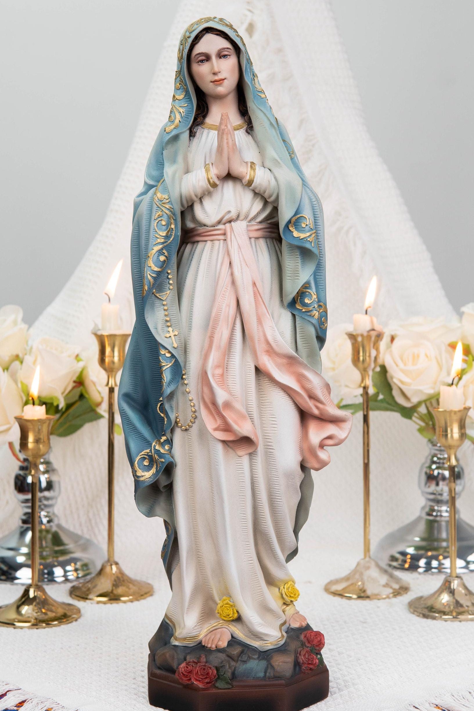 Hand-Painted Our Lady of Lourdes Statue 15.8" –Virgin Mary Prayer Figurine, Catholic Gifts, Blessed Mother Statue, Catholic Home Altar Decor