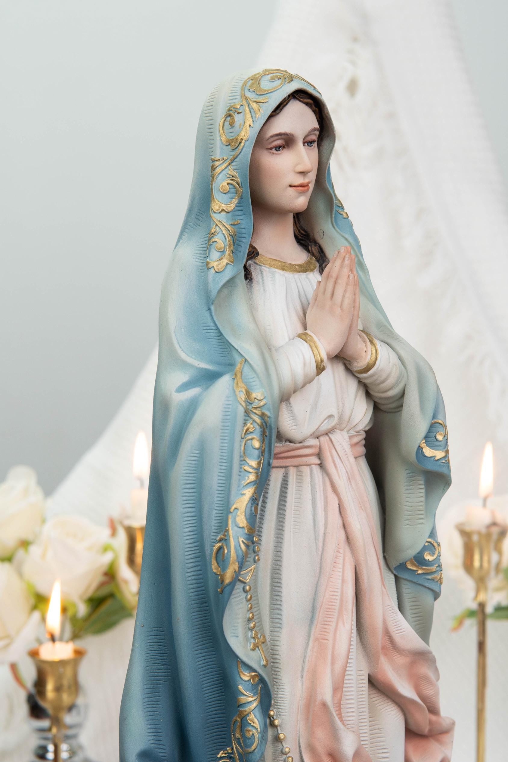 Hand-Painted Our Lady of Lourdes Statue 15.8" –Virgin Mary Prayer Figurine, Catholic Gifts, Blessed Mother Statue, Catholic Home Altar Decor