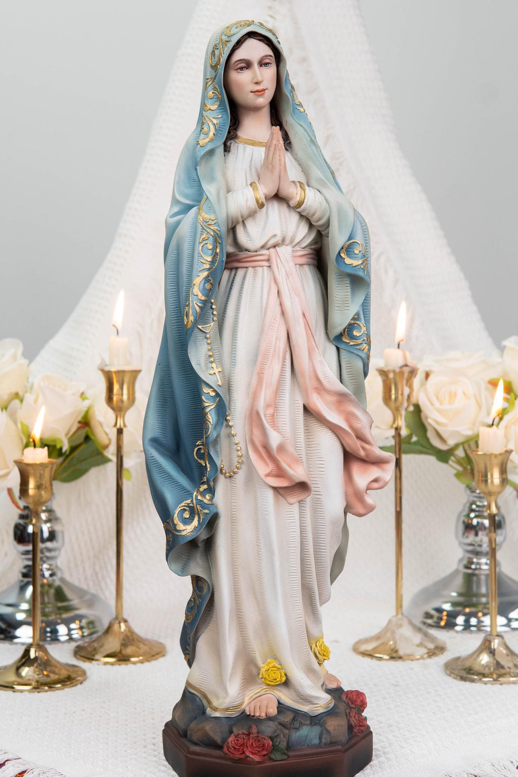 Hand-Painted Our Lady of Lourdes Statue 15.8" –Virgin Mary Prayer Figurine, Catholic Gifts, Blessed Mother Statue, Catholic Home Altar Decor