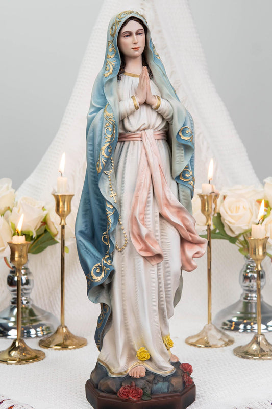 Hand-Painted Our Lady of Lourdes Statue 15.8" –Virgin Mary Prayer Figurine, Catholic Gifts, Blessed Mother Statue, Catholic Home Altar Decor