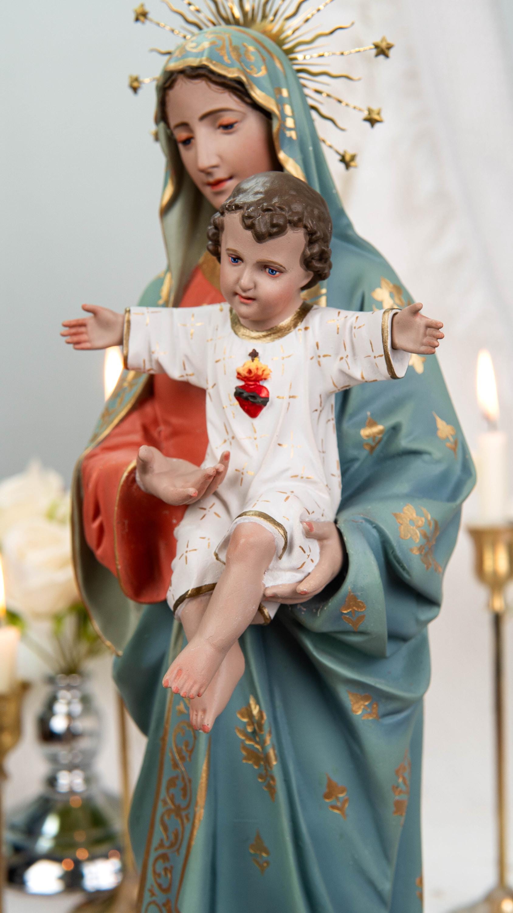 Hand-Painted Virgin Mary with Child Jesus Statue 15.8"–Madonna and Child Figurine, Catholic Home Decor, Catholic Gifts for Women,Mary Statue