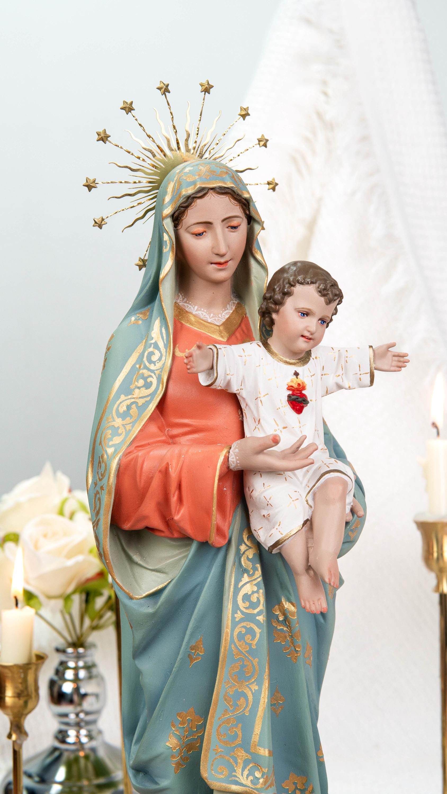 Hand-Painted Virgin Mary with Child Jesus Statue 15.8"–Madonna and Child Figurine, Catholic Home Decor, Catholic Gifts for Women,Mary Statue
