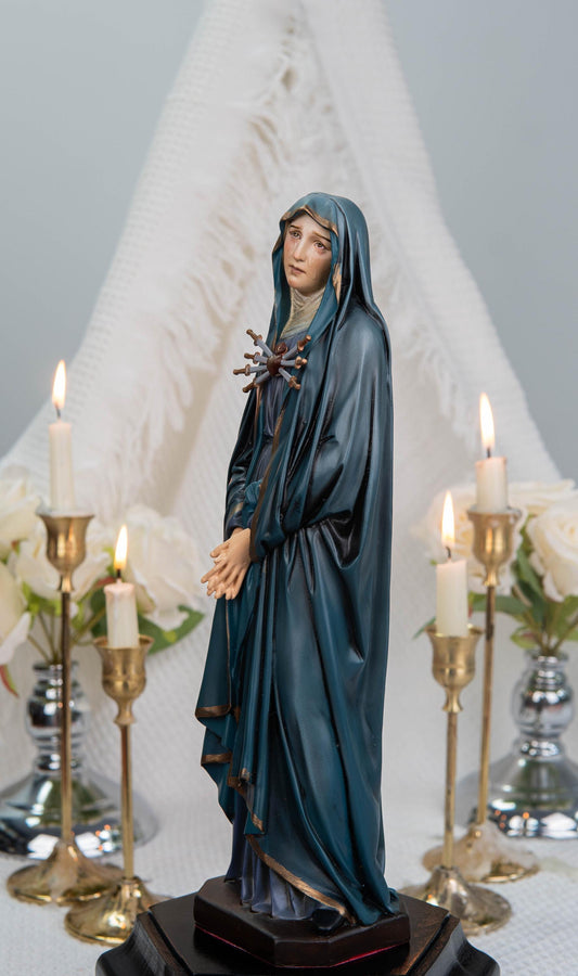 Premium Hand Painted Our Lady of Sorrows Statue – VVirgin Mary Seven Swords Figurine, Catholic Decor, Sympathy Prayer Gift