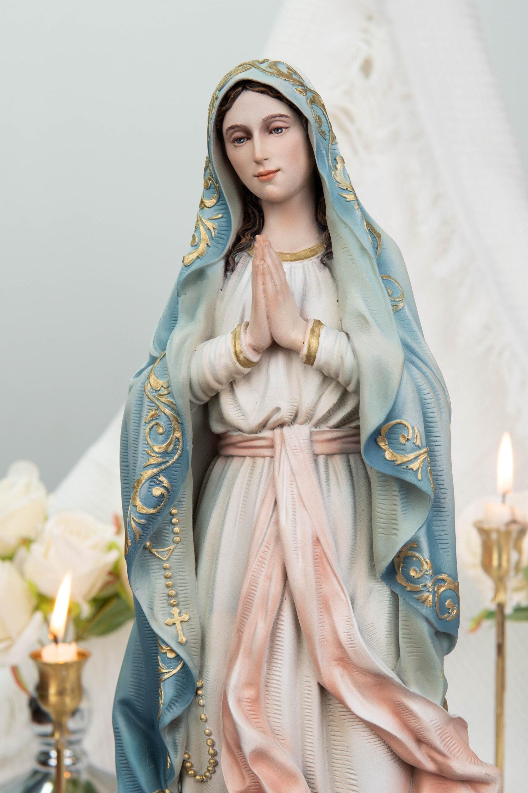 Hand-Painted Our Lady of Lourdes Statue 15.8" –Virgin Mary Prayer Figurine, Catholic Gifts, Blessed Mother Statue, Catholic Home Altar Decor