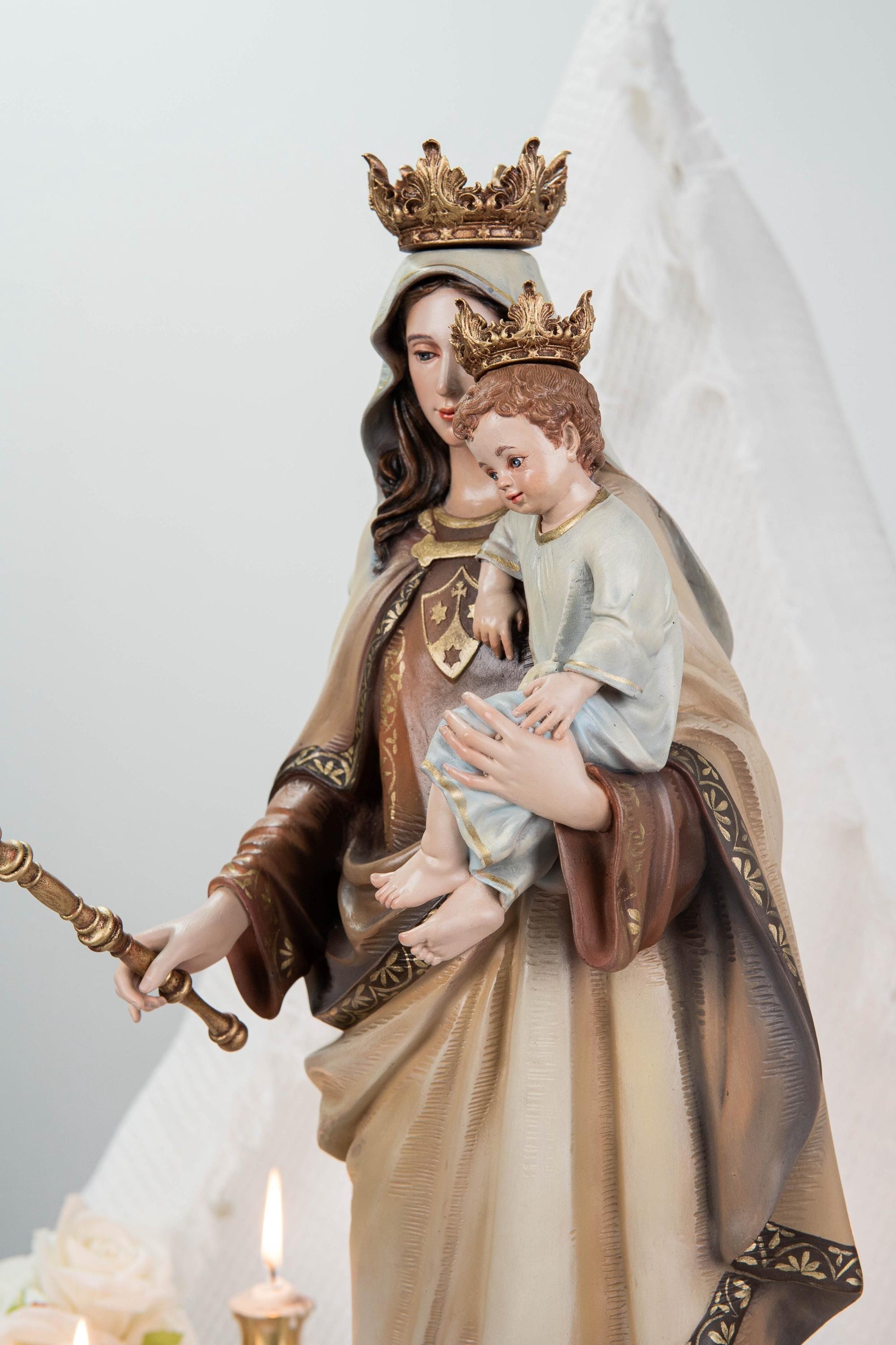 Hand-Painted Our Lady of Mount Carmel Statue with Child Jesus 23.6" –Crowned Virgin Mary Catholic Figurine, Catholic Gift & Home Altar Decor